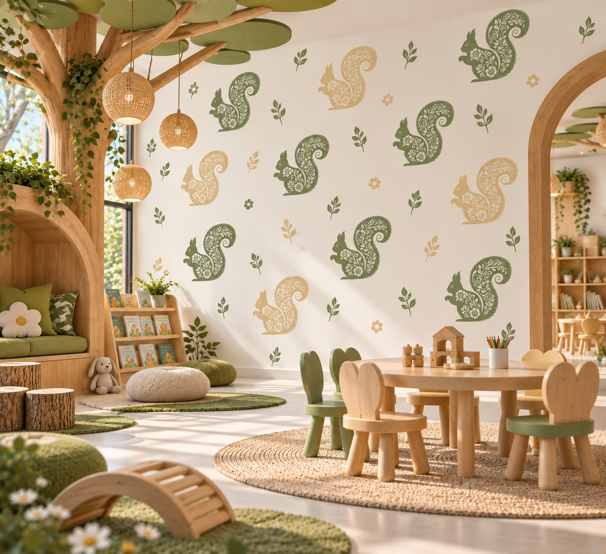 Repeating floral squirrel stencils in sage green and soft gold create a whimsical woodland feature wall in a nature-inspired children’s playroom.