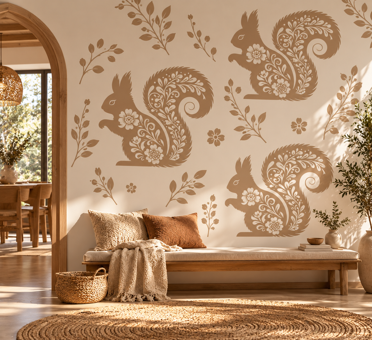 Large floral squirrel stencils with botanical branches decorate a warm neutral entryway with a wooden bench and natural woven accents.