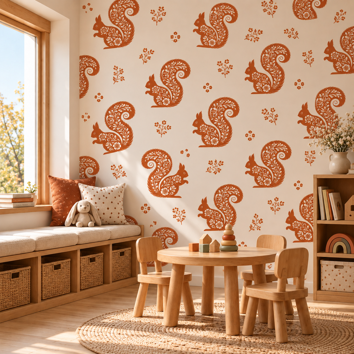 Repeating terracotta floral squirrel and botanical stencils transform a bright children’s playroom into a warm woodland-themed space.