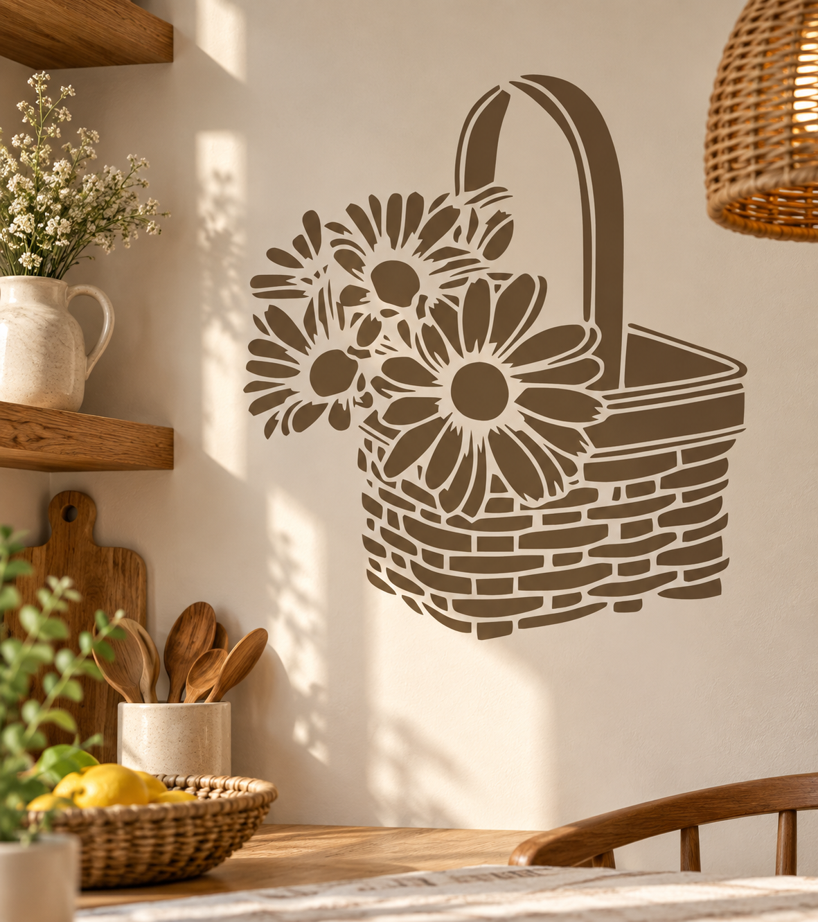 Flower Basket wall stencil in warm brown with daisies in a basket displayed on a cozy kitchen wall