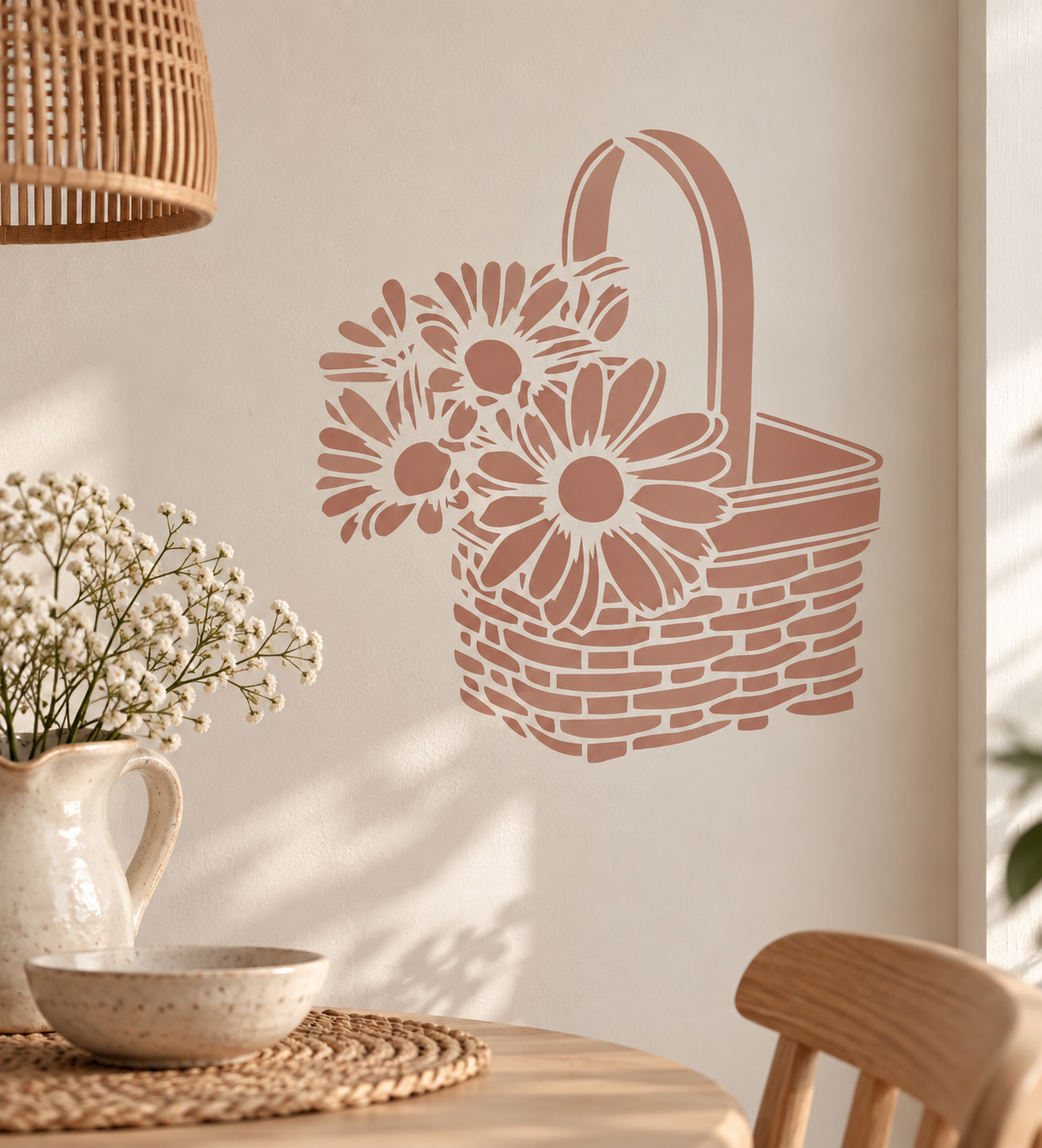Flower Basket wall stencil in dusty pink featuring a floral basket design in a bright neutral dining room