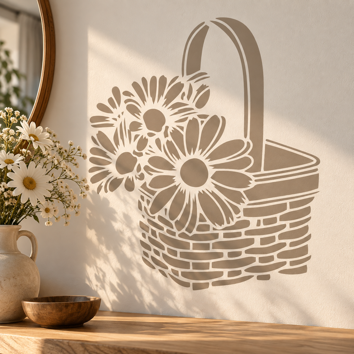 Flower Basket wall stencil in warm beige featuring daisies in a woven basket in a neutral entryway