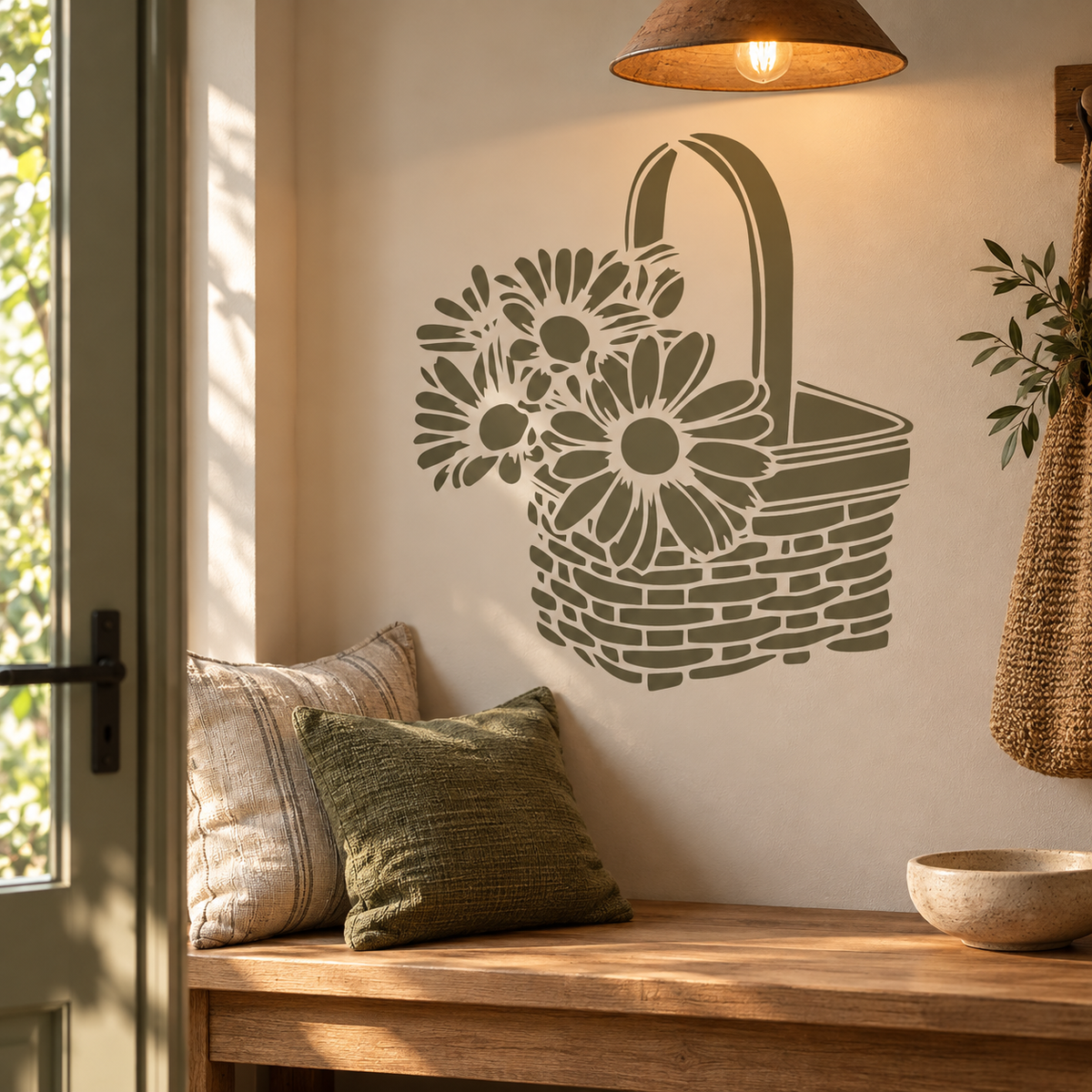 Flower Basket wall stencil in olive green featuring daisies in a woven basket above a wooden entryway bench