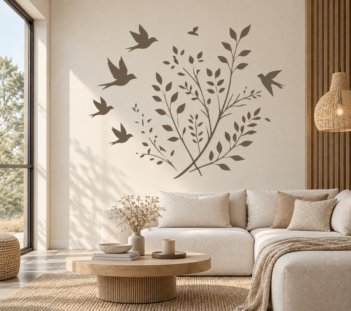 Flying birds and delicate leafy branches painted with a botanical wall stencil in a warm modern living room.