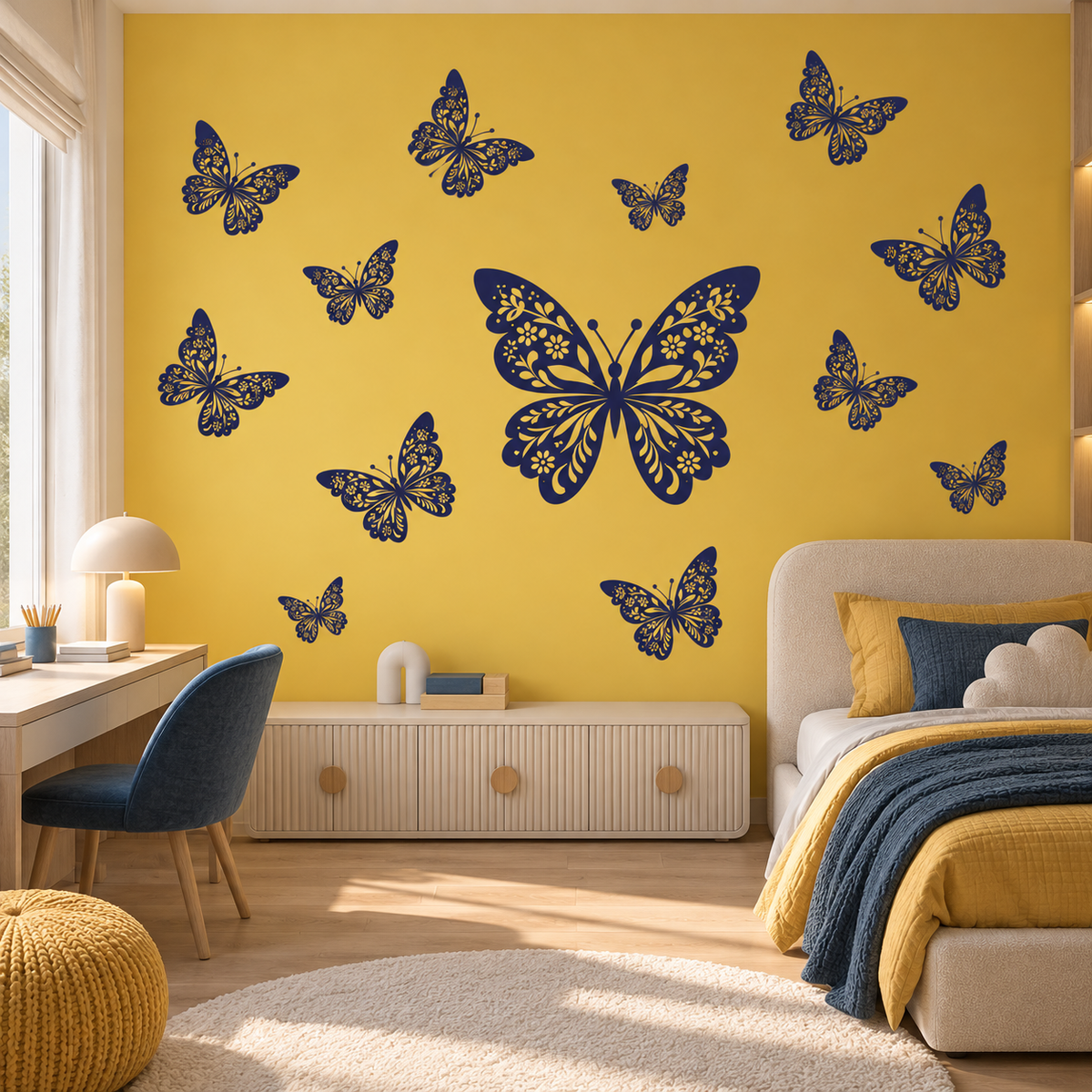Flying butterfly silhouette stencil set featuring a large floral butterfly surrounded by smaller butterflies on a mustard yellow accent wall in a brig