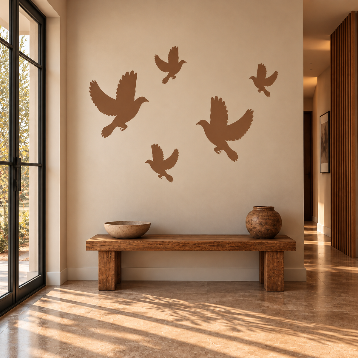 Flying Dove Stencil in warm brown featuring flying dove silhouettes on a beige wall in a modern entryway