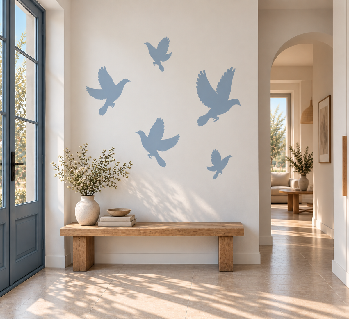 Flying Dove Stencil in soft blue featuring five flying dove silhouettes on a white wall in a bright modern entryway