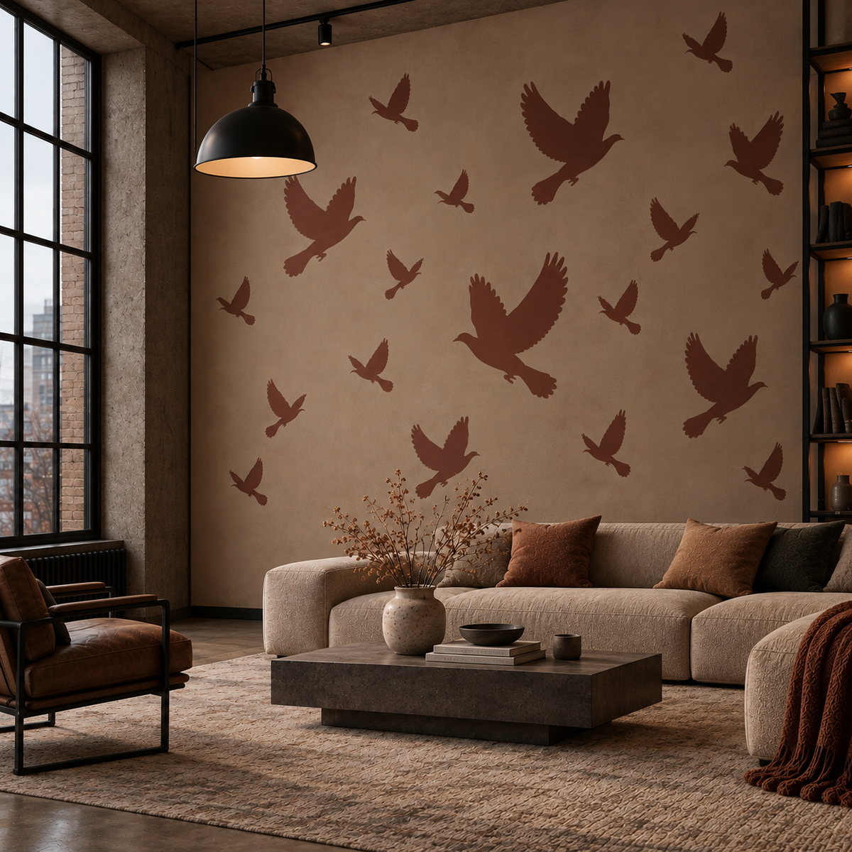 Flying Dove Stencil in terracotta with multiple flying dove silhouettes on a warm neutral wall in a modern living room