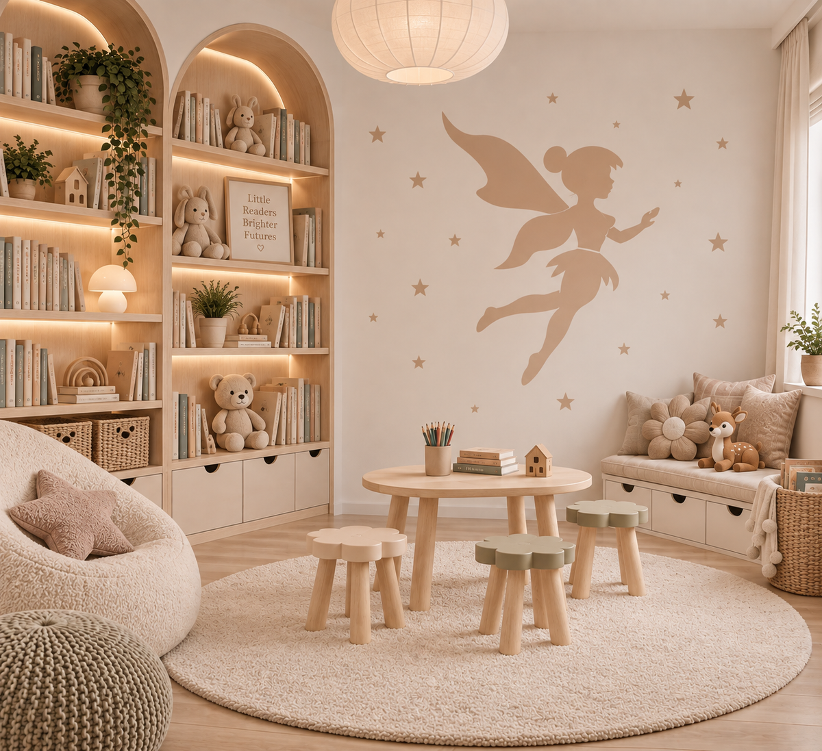 Beige flying fairy wall stencil with scattered stars in a warm neutral kids’ playroom.