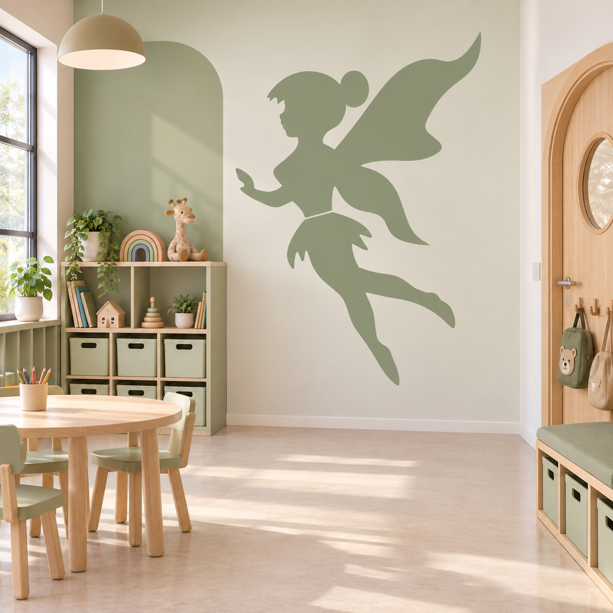 Sage green flying fairy wall stencil in a bright modern kids’ playroom.