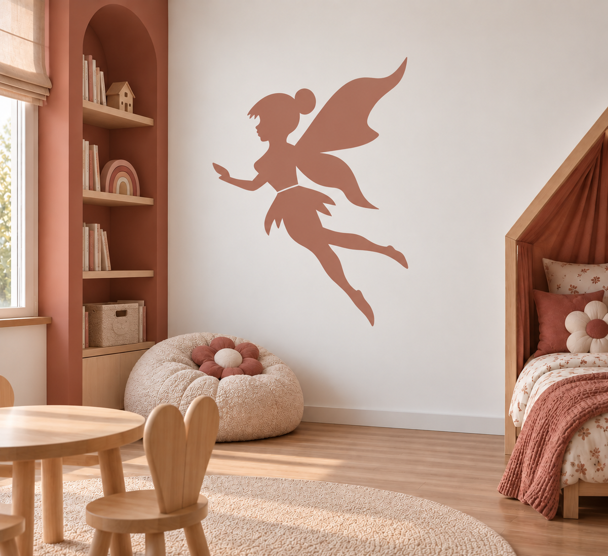 Terracotta flying fairy wall stencil in a warm modern girls’ bedroom.