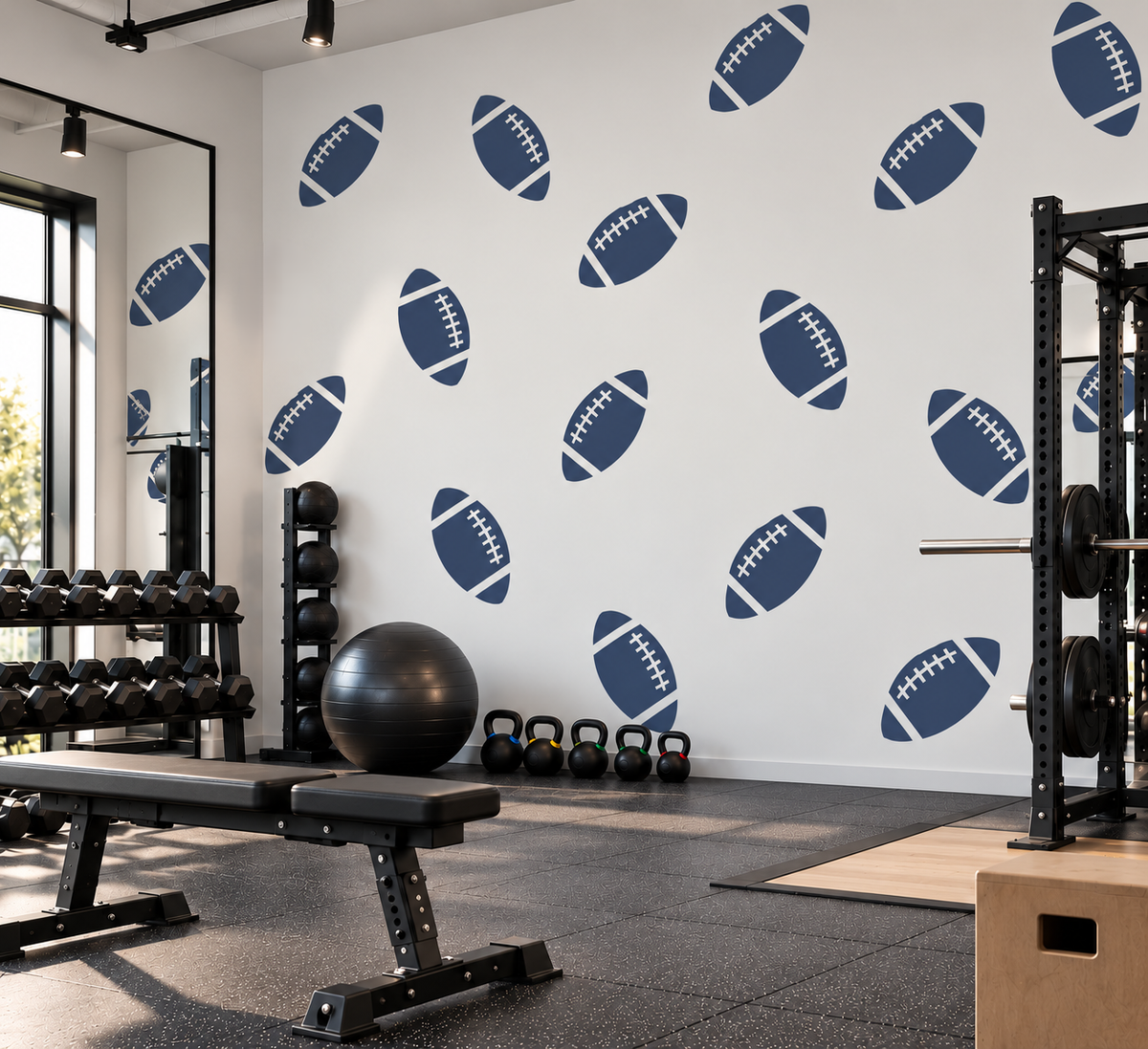 Football Ball Stencil in navy blue repeated across a white wall in a modern home gym with workout equipment.