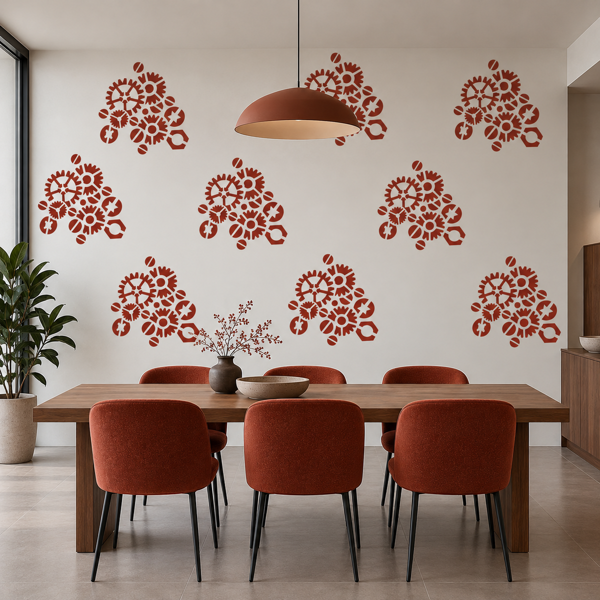 Repeating Gears and Cogs Stencil pattern in rust red across a white wall in a contemporary dining room.