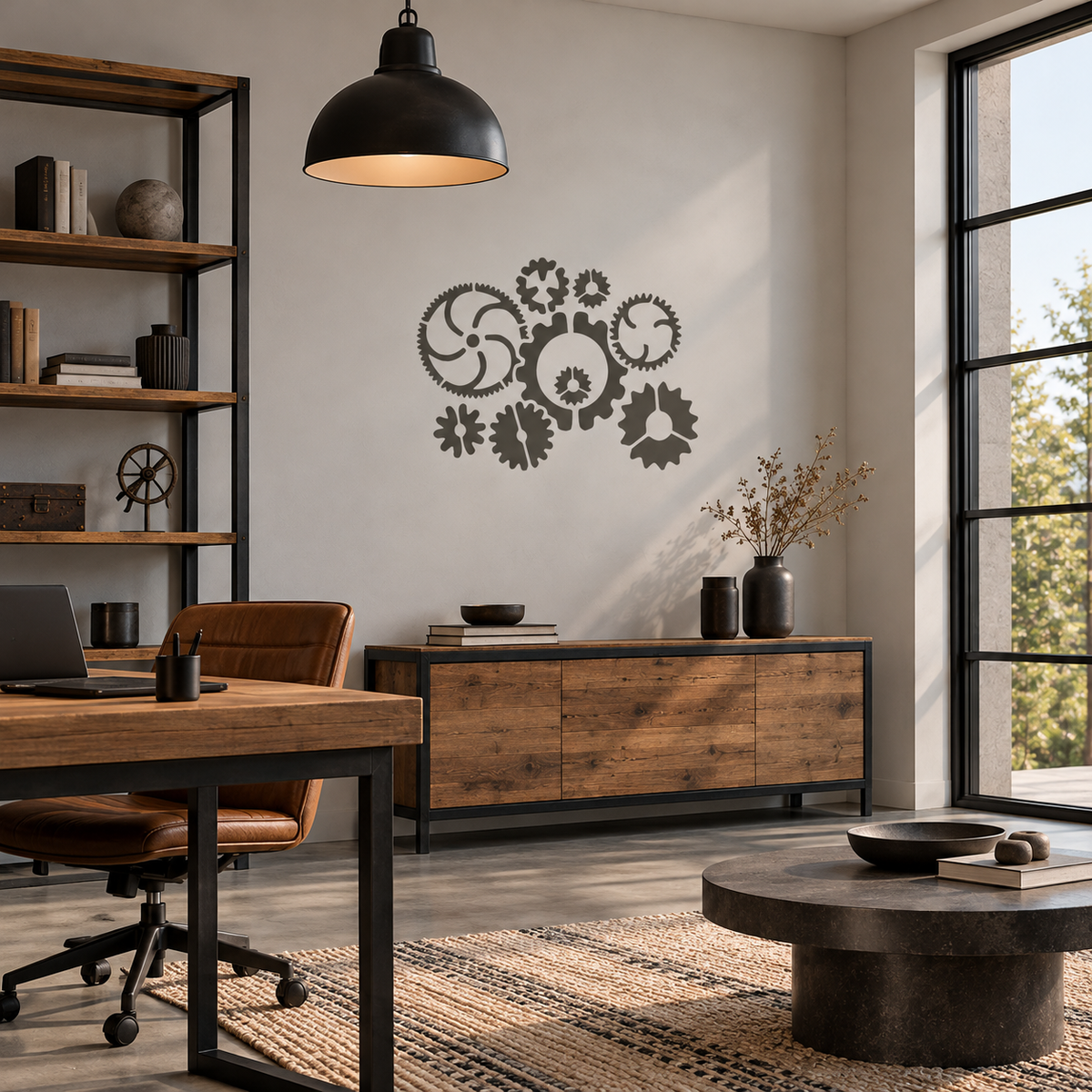 Charcoal gray Gears Stencil on a light gray wall above a wooden sideboard in a modern industrial workspace.