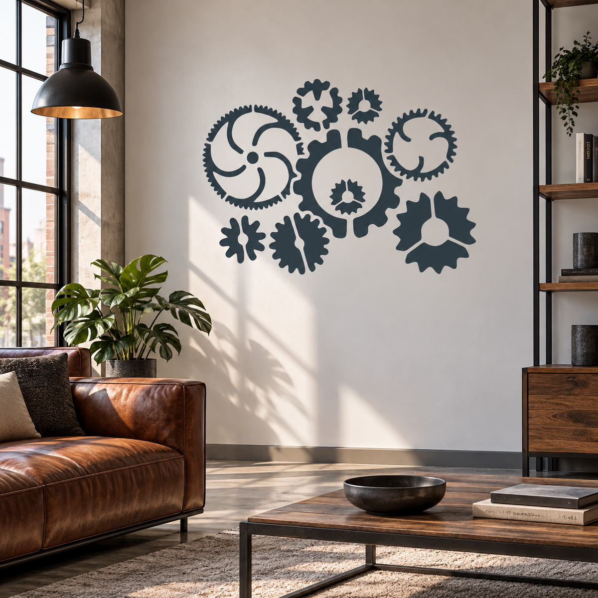 Dark blue Gears Stencil featuring interlocking cogwheels on a light wall in an industrial living room with a brown leather sofa.
