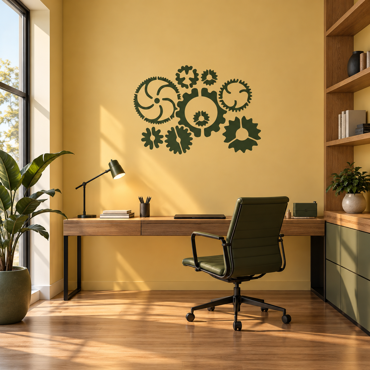 Dark green Gears Stencil on a mustard yellow wall above a wooden desk in a modern home office.