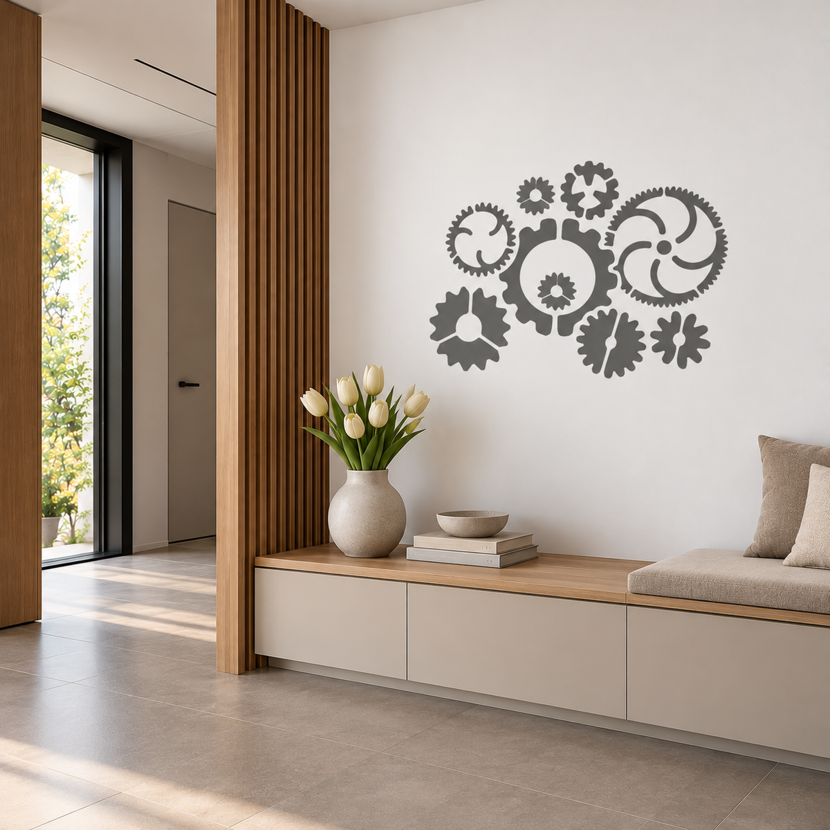 Gray Gears Stencil with mechanical cogwheel designs on a white wall above a built-in bench in a minimalist entryway.