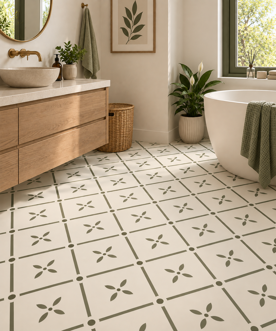 Geometric floor tile stencil pattern in sage green in a modern bathroom