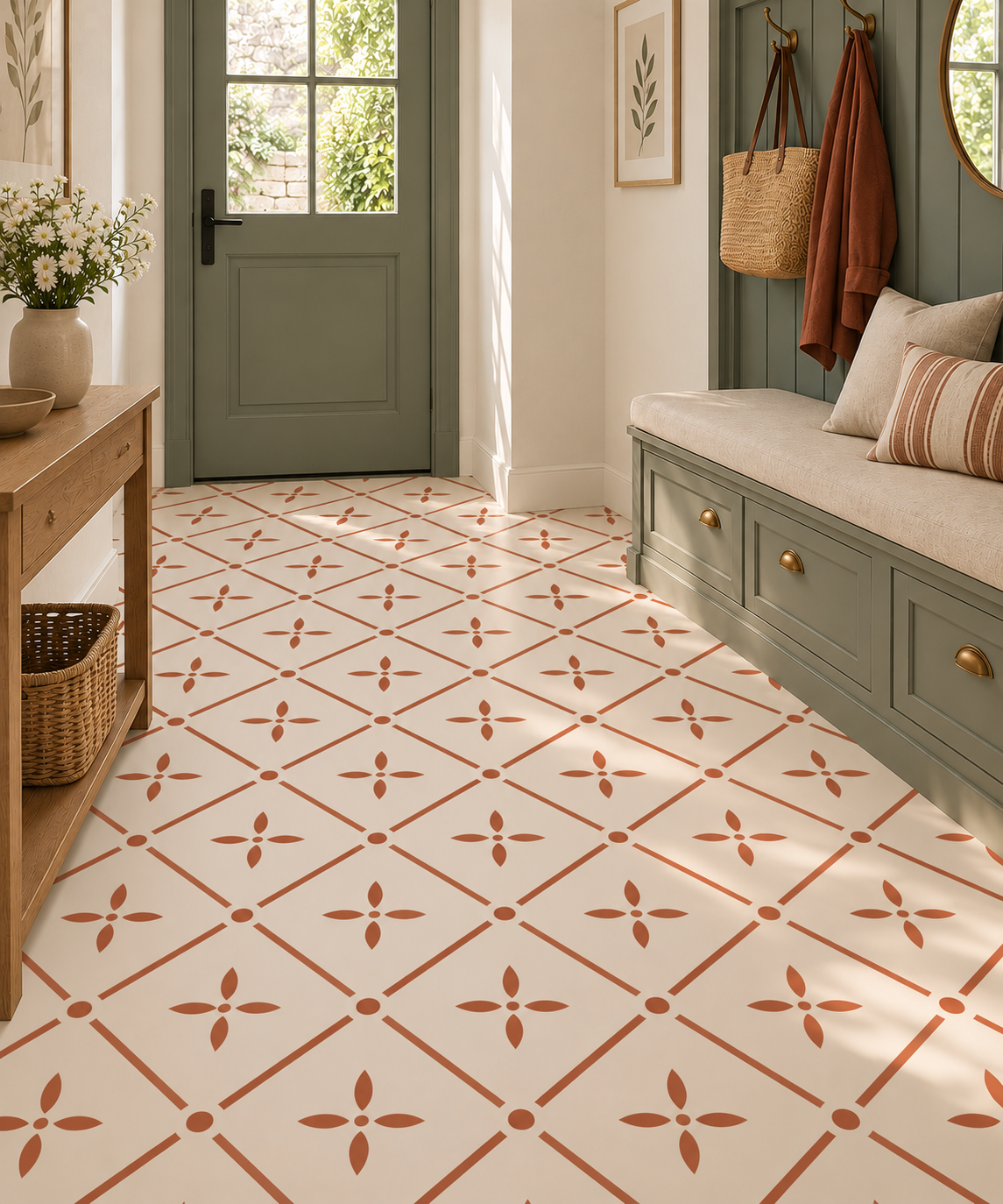 geometric-floral-floor-stencil-terracotta-entryway.png  ALT: Geometric floral floor stencil in terracotta on a bright modern entryway floor