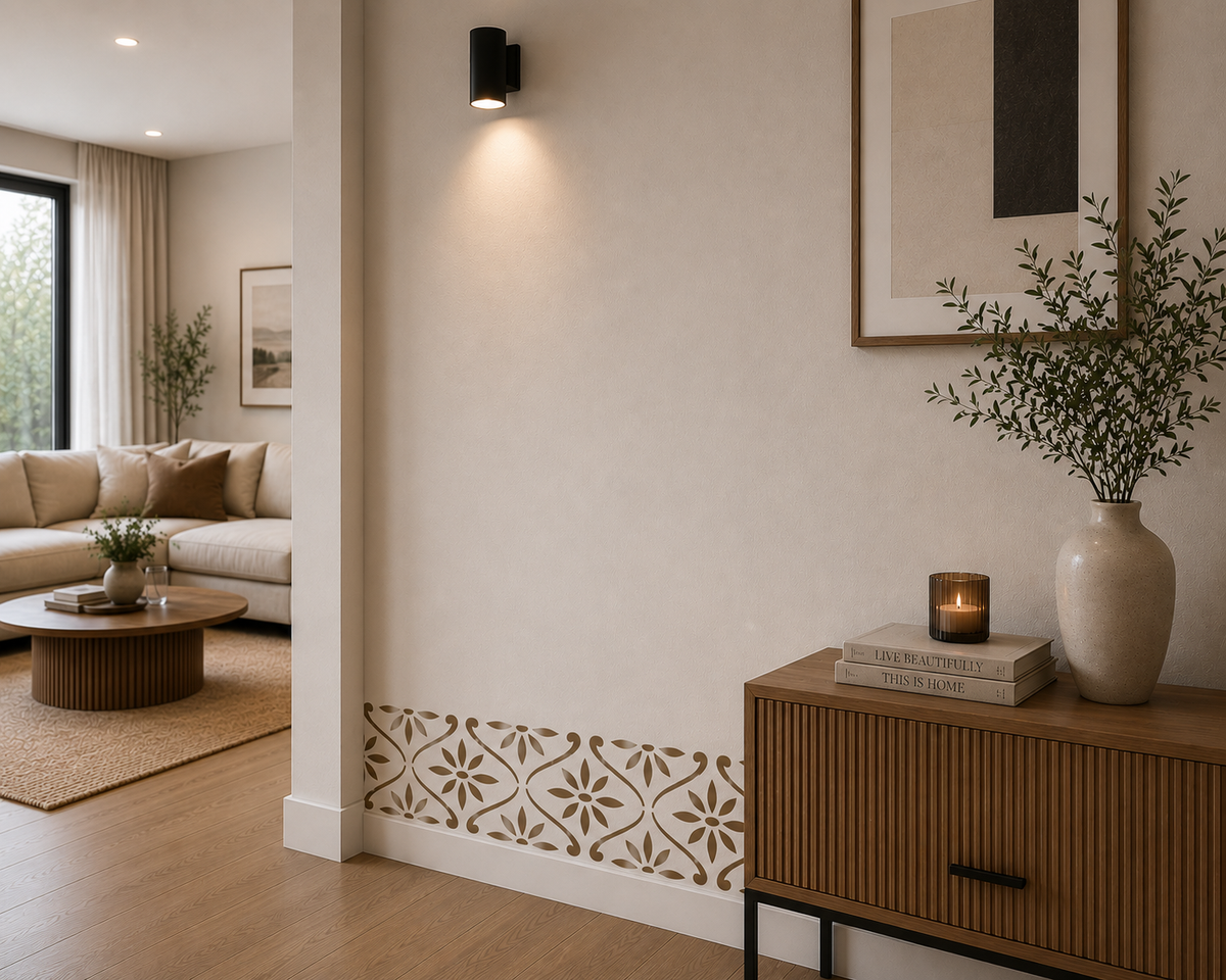 Geometric floral border stencil painted along the lower wall above the baseboard in a modern hallway