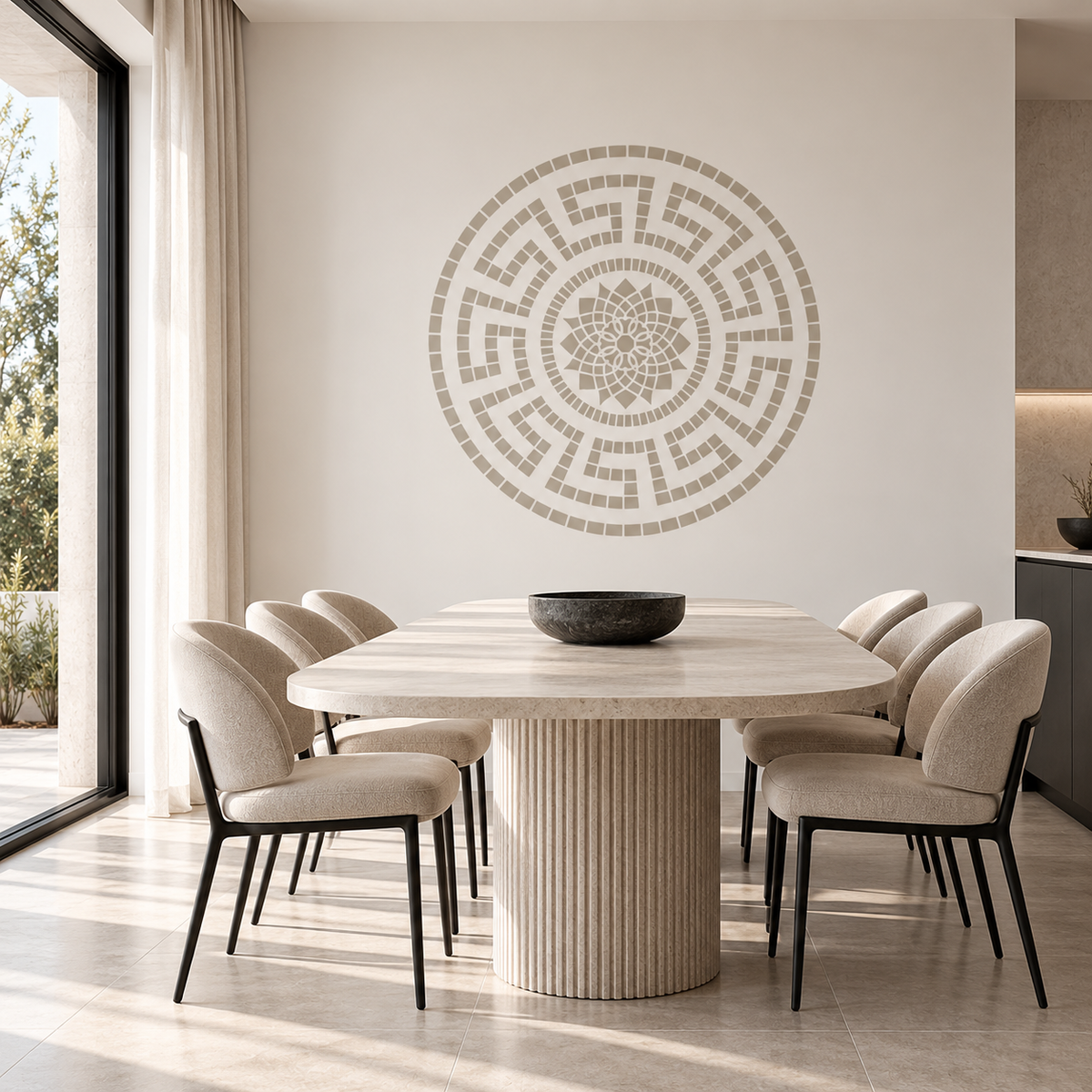 Geometric Mandala Wall Stencil in soft beige on a white wall above a stone dining table in a modern dining room.