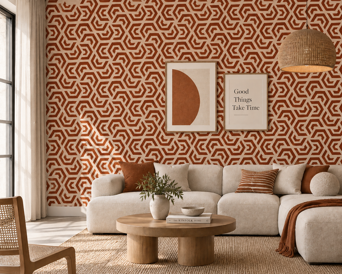 Geometric Maze Hexagon Stencil in terracotta on a modern living room feature wall