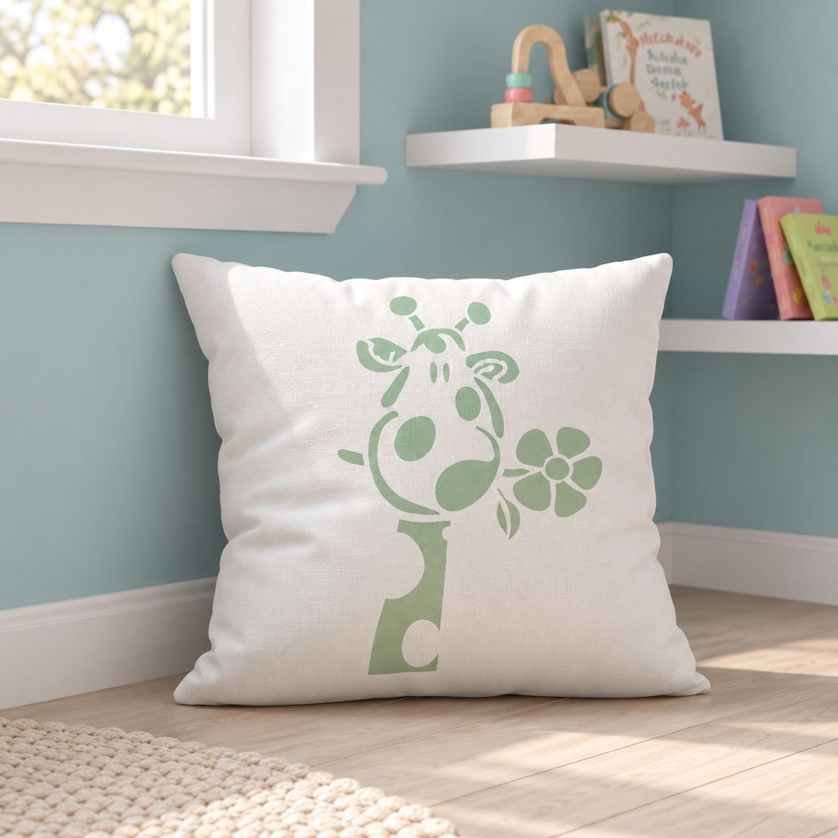 Soft green giraffe with flower stencil design on a white decorative pillow in a child’s room.
