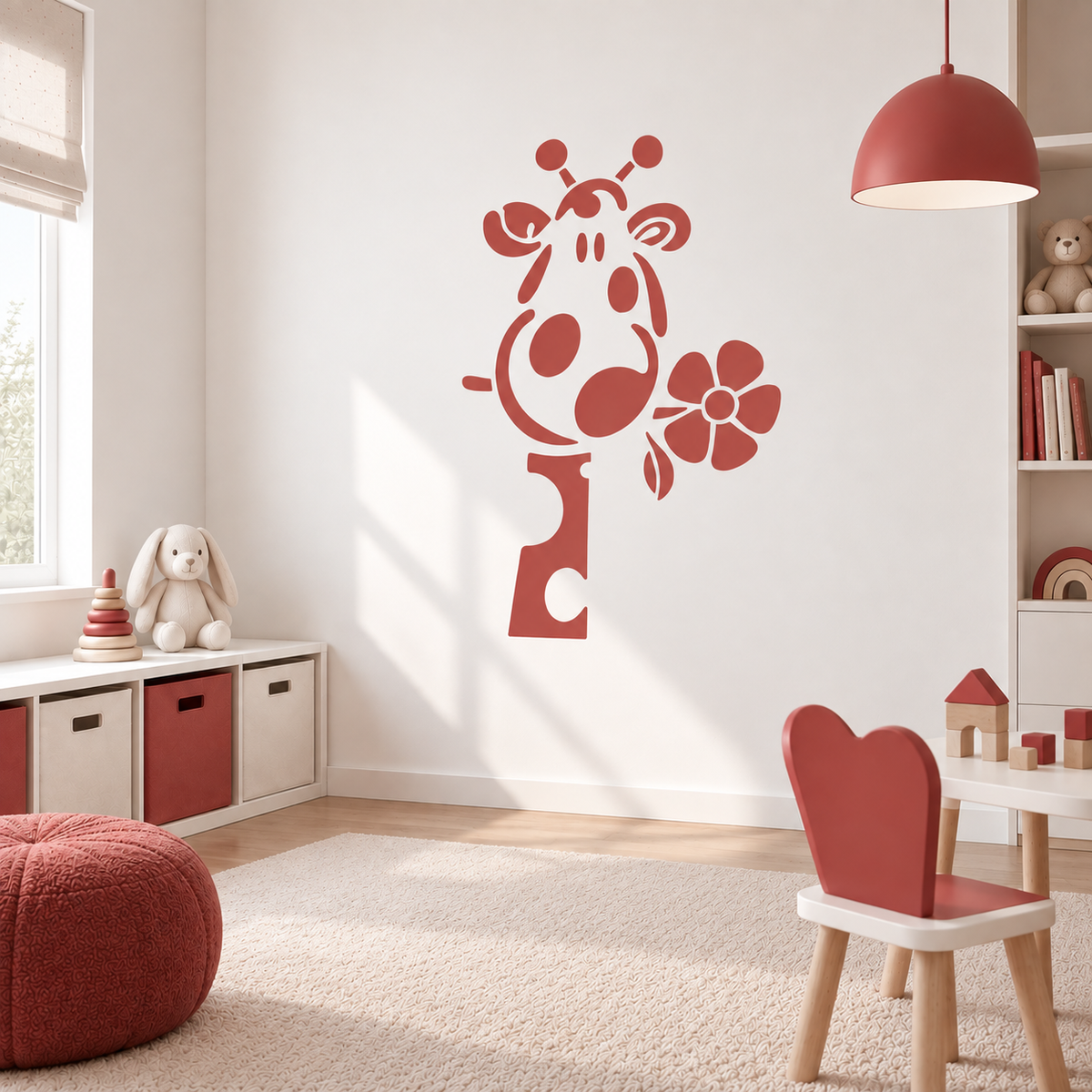 Giraffe with flower wall stencil in a modern kids’ playroom
