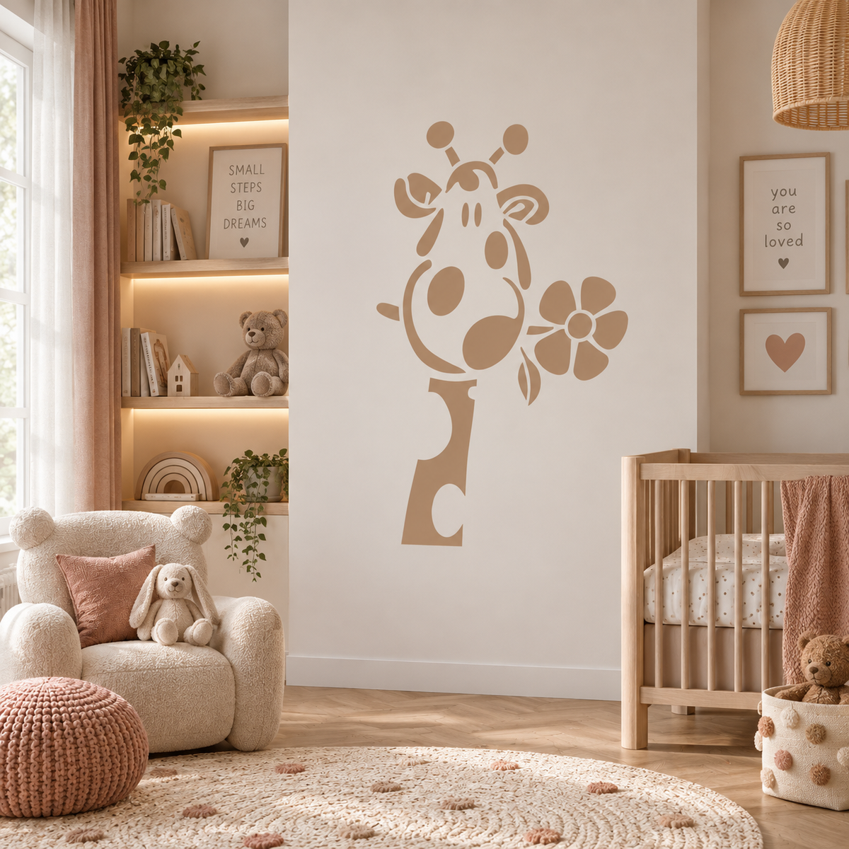 Beige giraffe with flower wall stencil in a neutral nursery