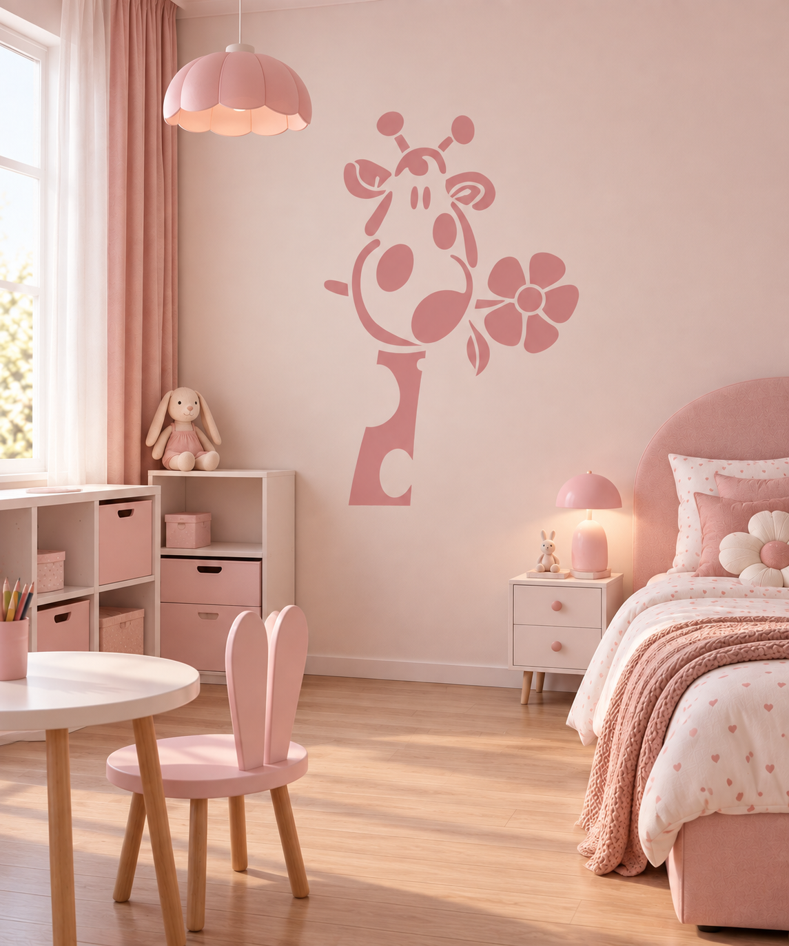 Giraffe with flower wall stencil in a pink kids’ bedroom