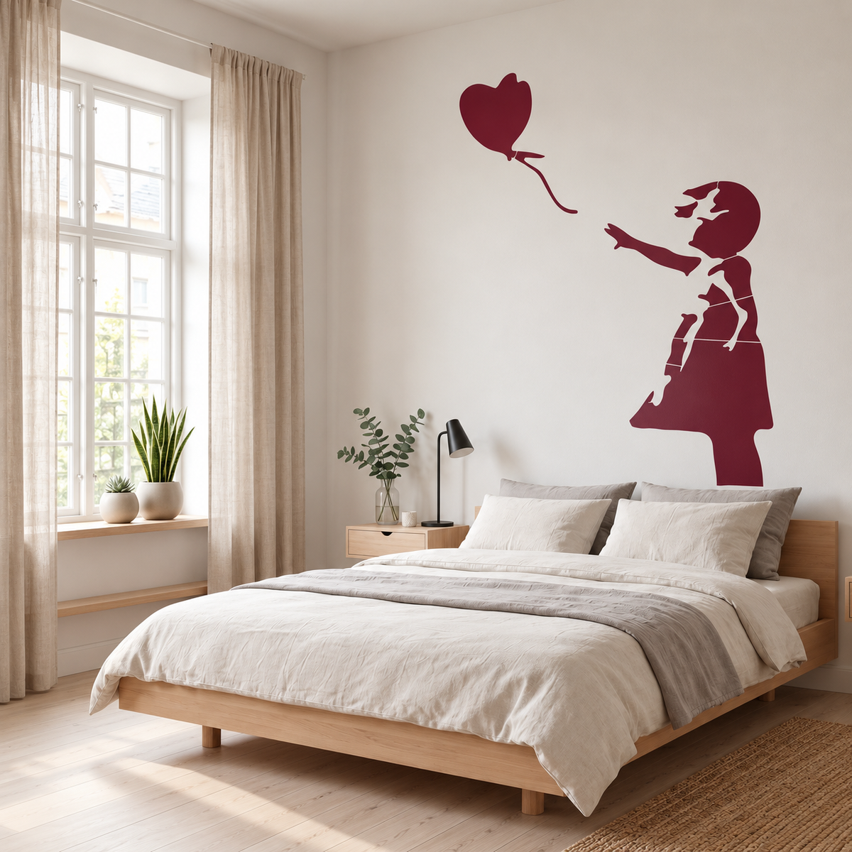 Girl with Balloon Wall Stencil in burgundy on a white bedroom feature wall