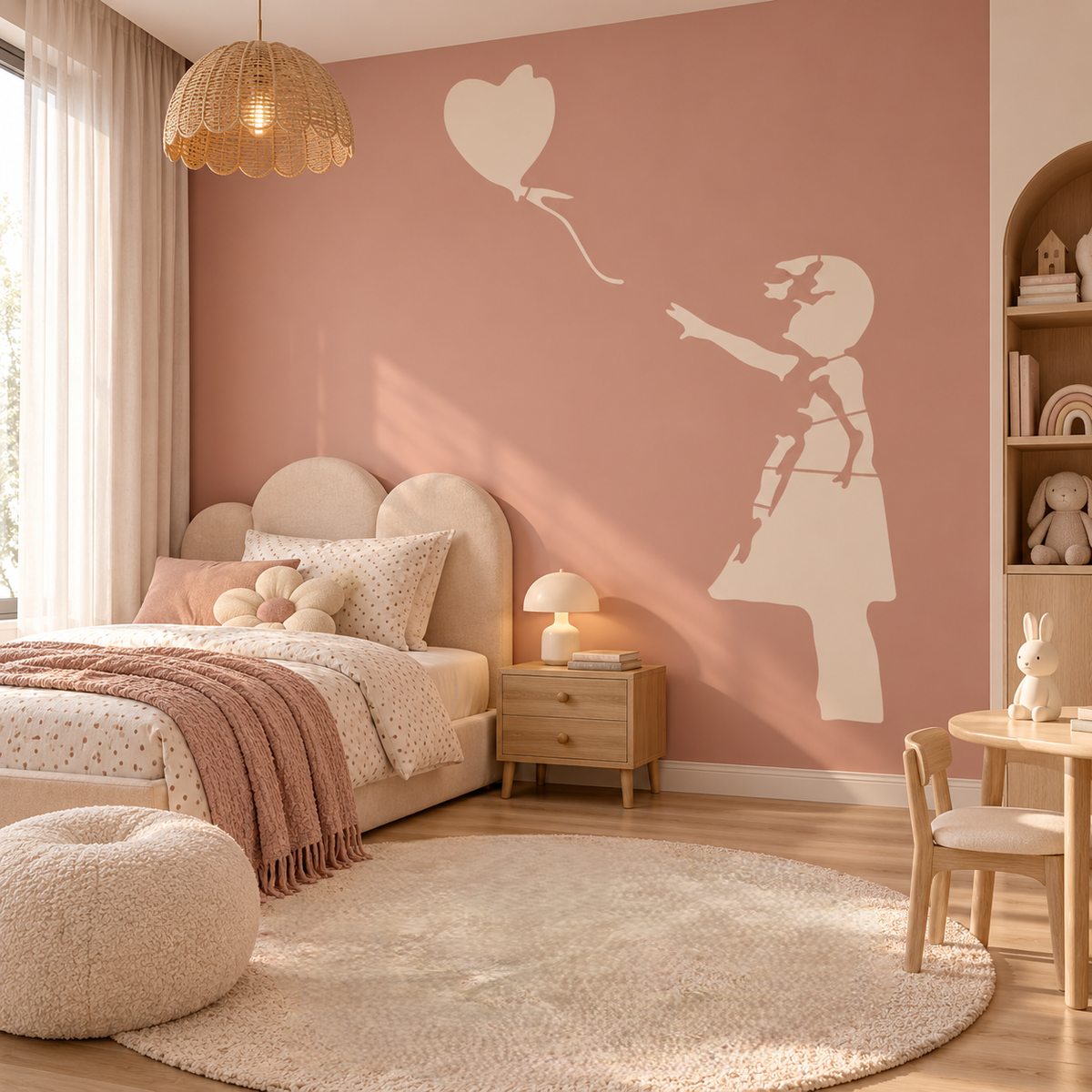 Girl with Heart Balloon Wall Stencil in cream on a dusty pink feature wall in a cozy girls bedroom