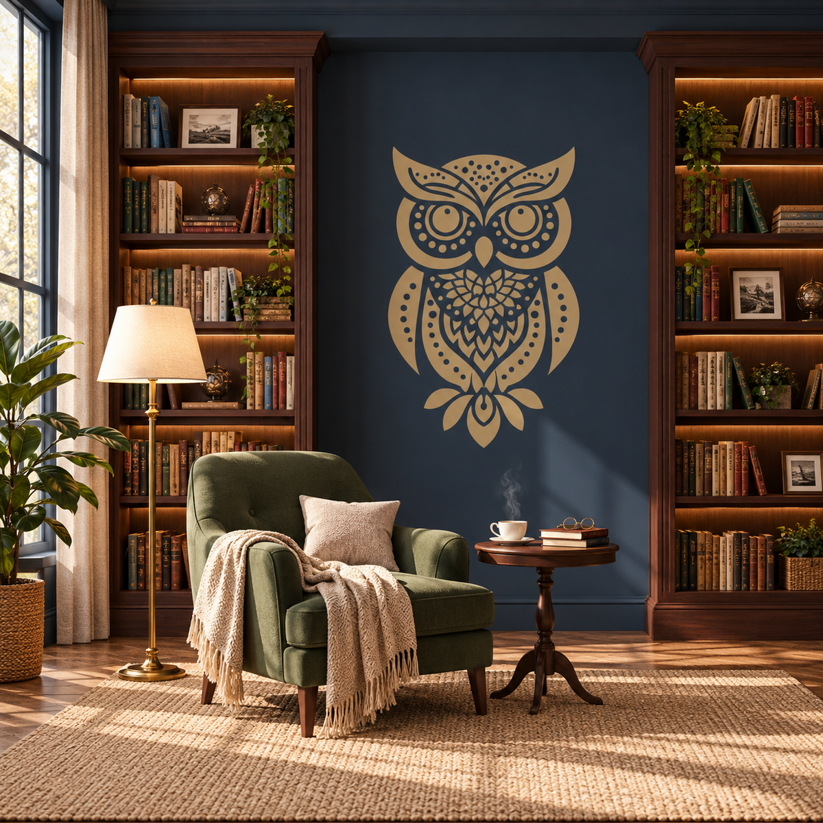Large gold ornamental owl stencil on a deep navy wall between wooden bookshelves in an elegant home library and reading nook.