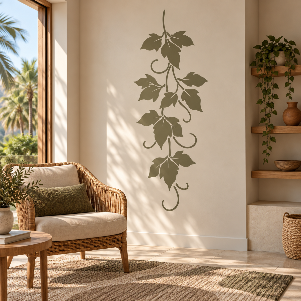 Olive green Grapevine Stencil on a neutral wall in a bright interior