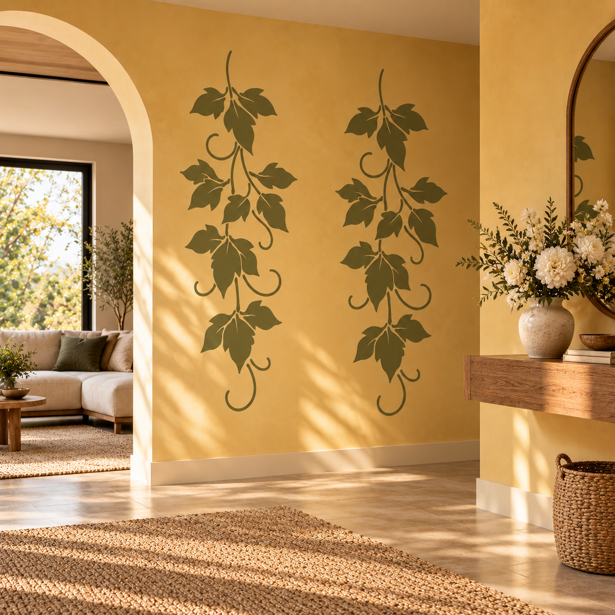 Olive green Grapevine Stencil on a warm yellow entryway wall