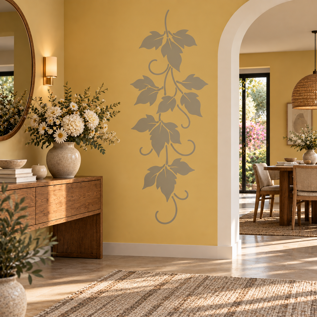 Taupe Grapevine Stencil on a warm yellow entryway wall