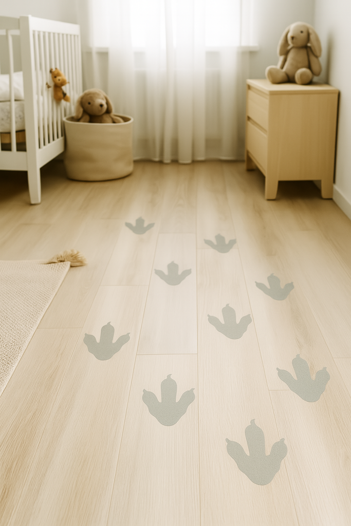Gray dinosaur footprint stencil designs painted on a light wood nursery floor, creating a playful trail across the room.
