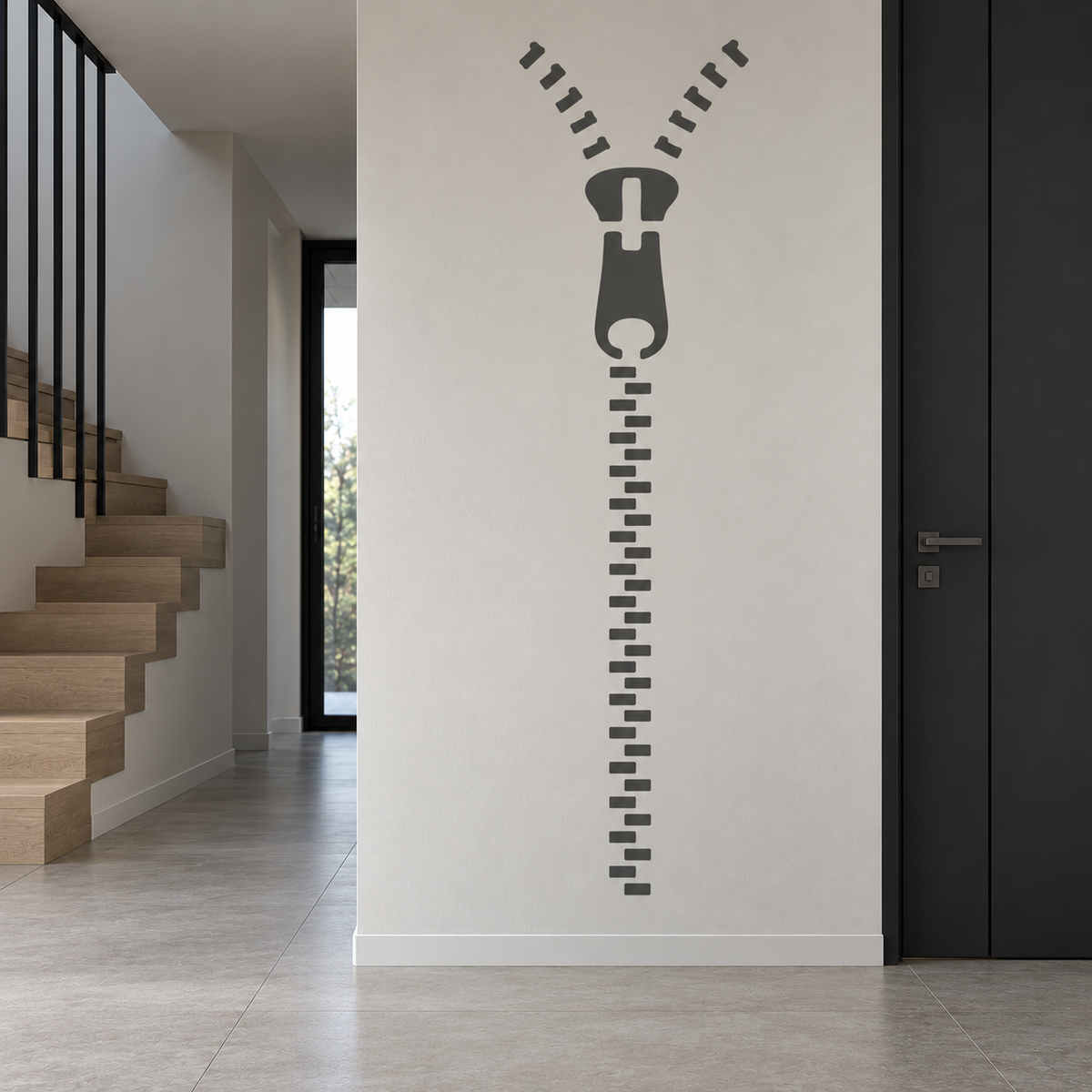 Gray Zipper Design Stencil painted on a white hallway wall beside a black door and wooden staircase, creating a unique modern wall decoration.