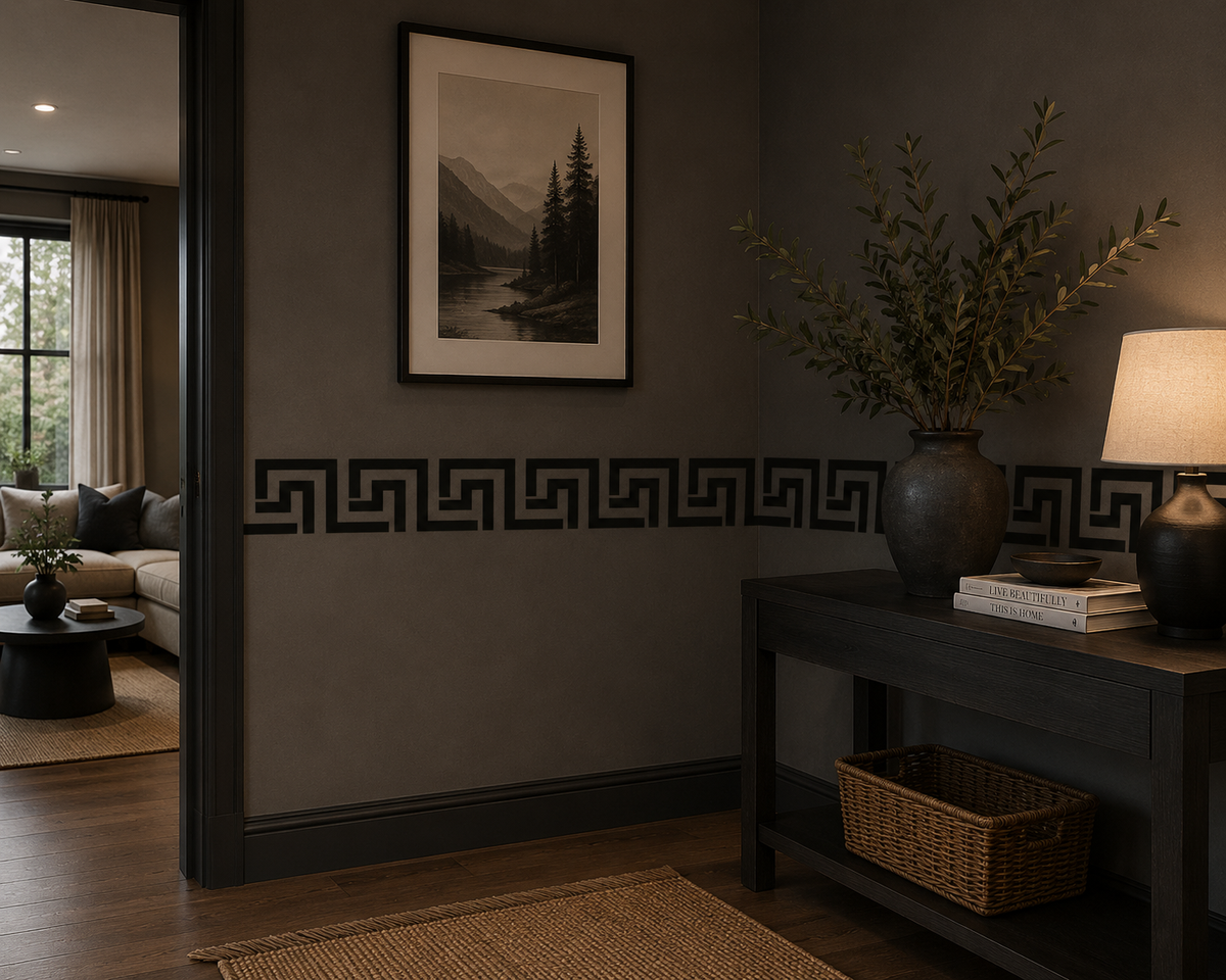 Greek key border stencil creating a bold geometric meander pattern on a dark hallway wall