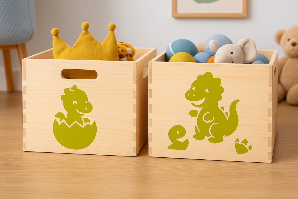 Wooden storage boxes decorated with green dinosaur stencil designs, placed in a child’s room and filled with toys.