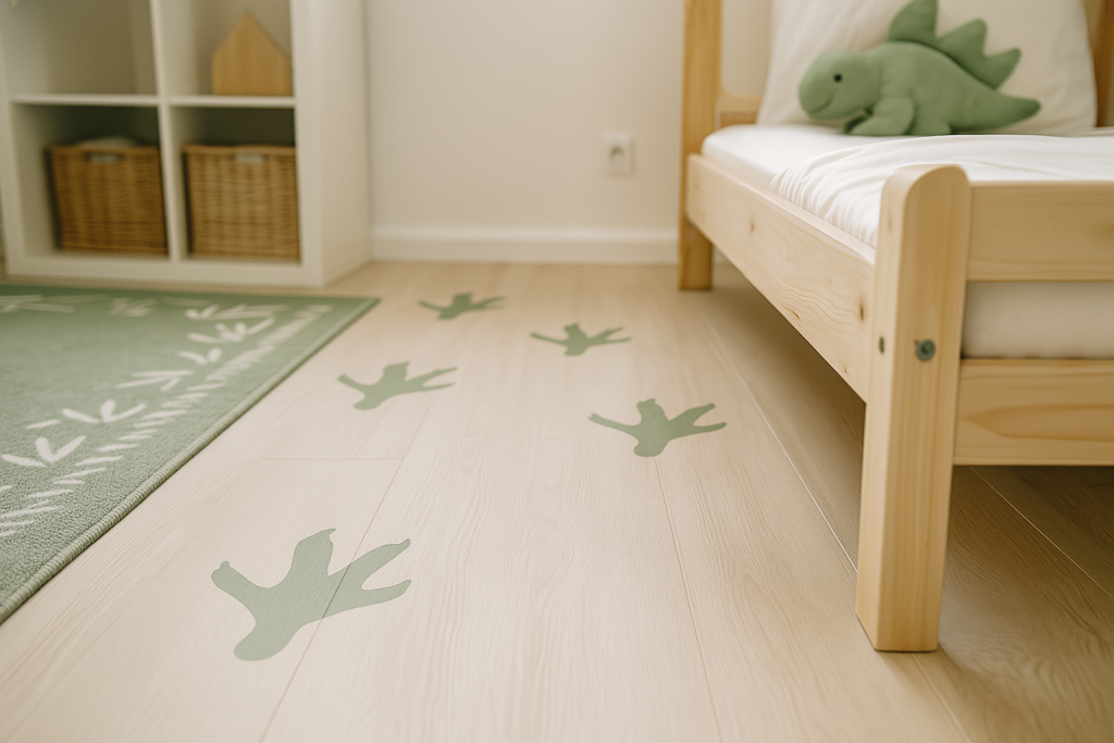Green dinosaur footprint stencils painted on a wooden kids’ bedroom floor beside a bed and rug, forming a fun prehistoric path.
