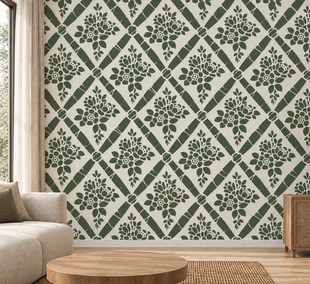 Green floral diamond wall stencil creating a repeating wallpaper effect in a modern living room.