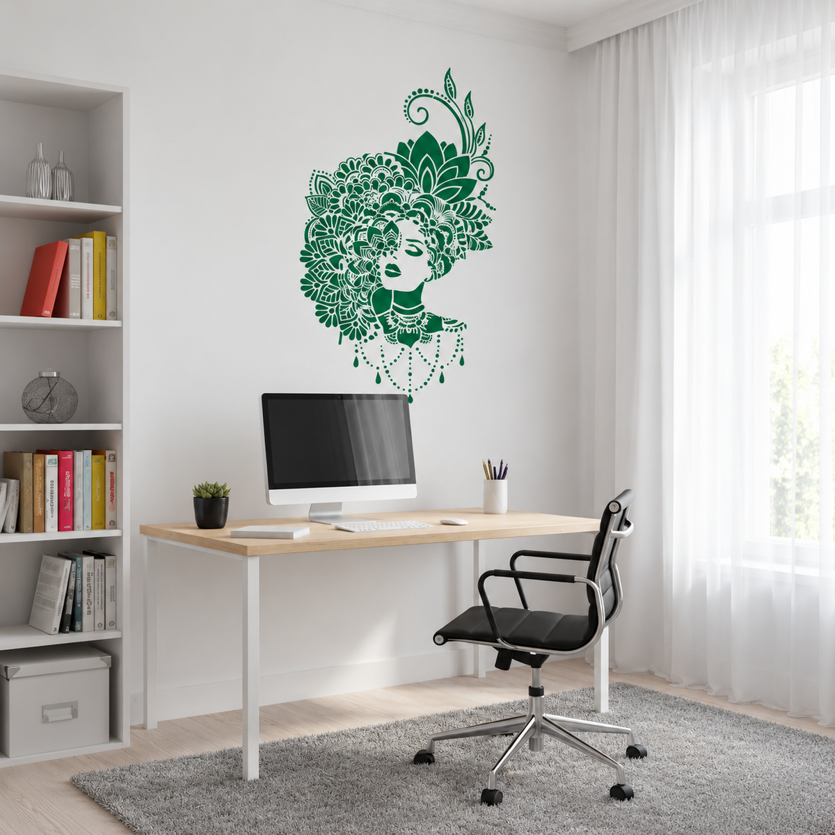 Green bohemian woman portrait stencil with ornamental flowers, mandala patterns and botanical details above a computer desk in a bright home office.