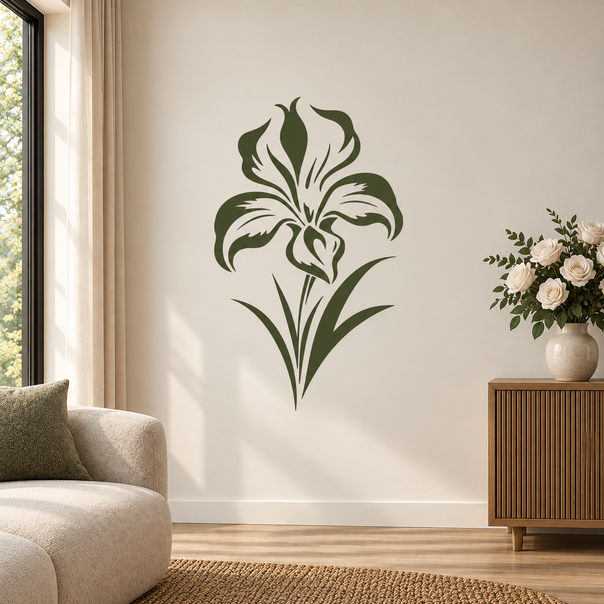 Large green iris flower wall stencil used as a statement floral design in a warm neutral interior.