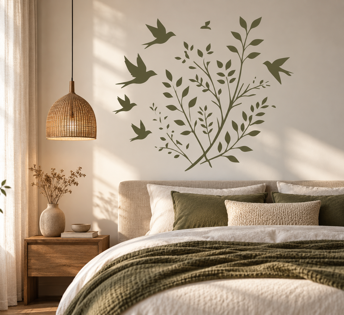 Green bird and foliage wall stencil bringing an organic woodland feel to a cozy neutral bedroom.