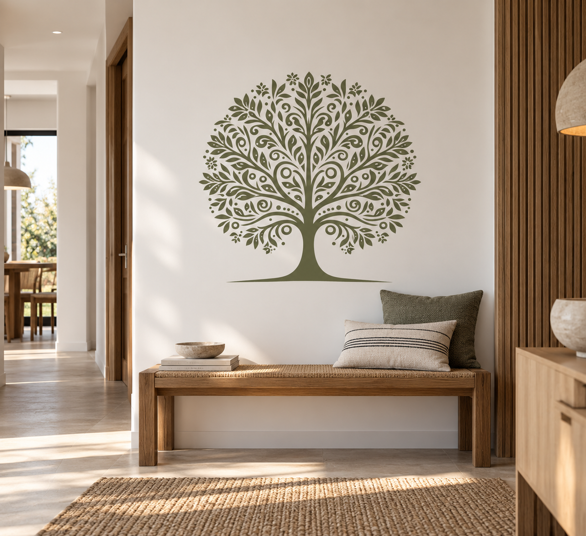 Green tree of life wall stencil creating a botanical focal point in a warm modern entryway.