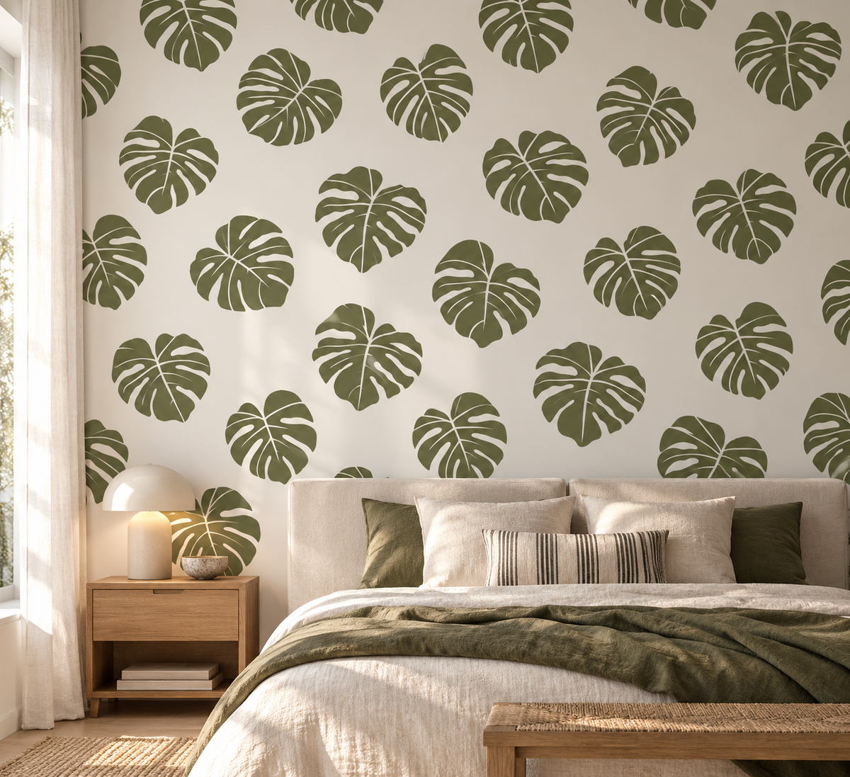Repeating green tropical leaf stencil pattern bringing a fresh botanical look to a bright natural bedroom.