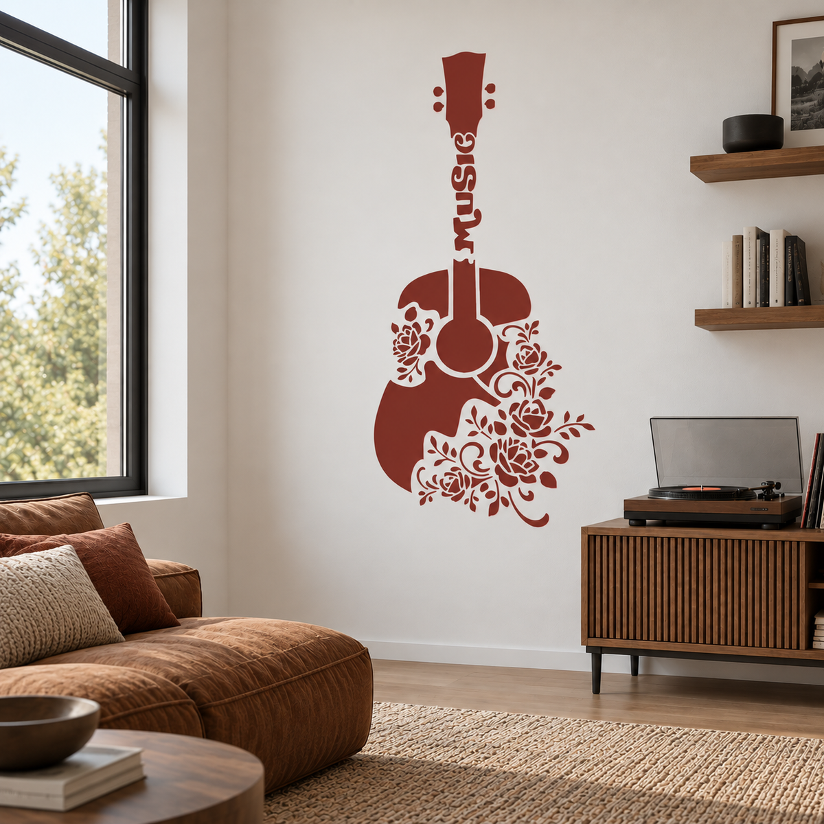 Rustic red guitar and roses wall stencil decorating a bright living room with a brown sofa and wooden record player cabinet.