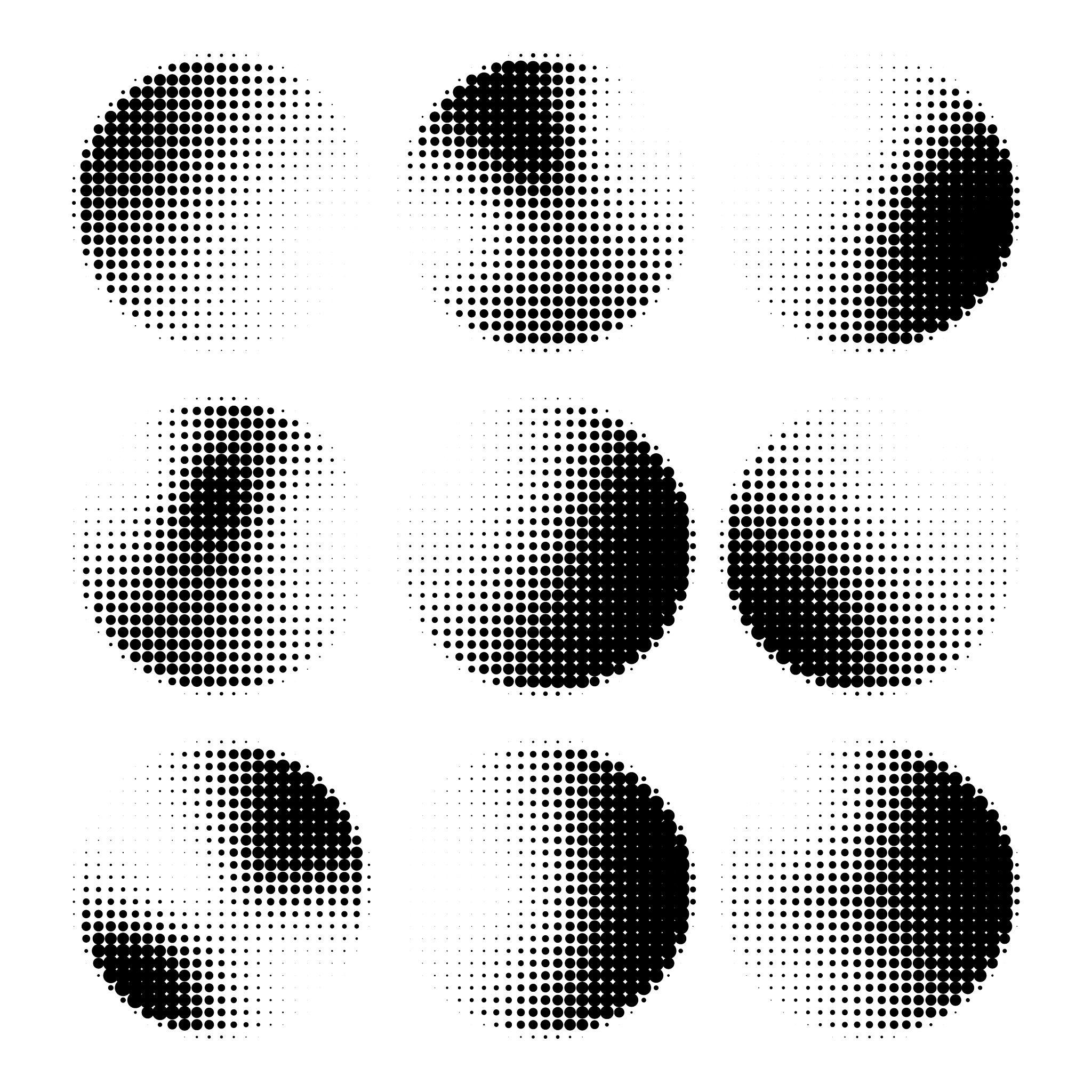 Examples of halftone dot shading showing different light and dark variations