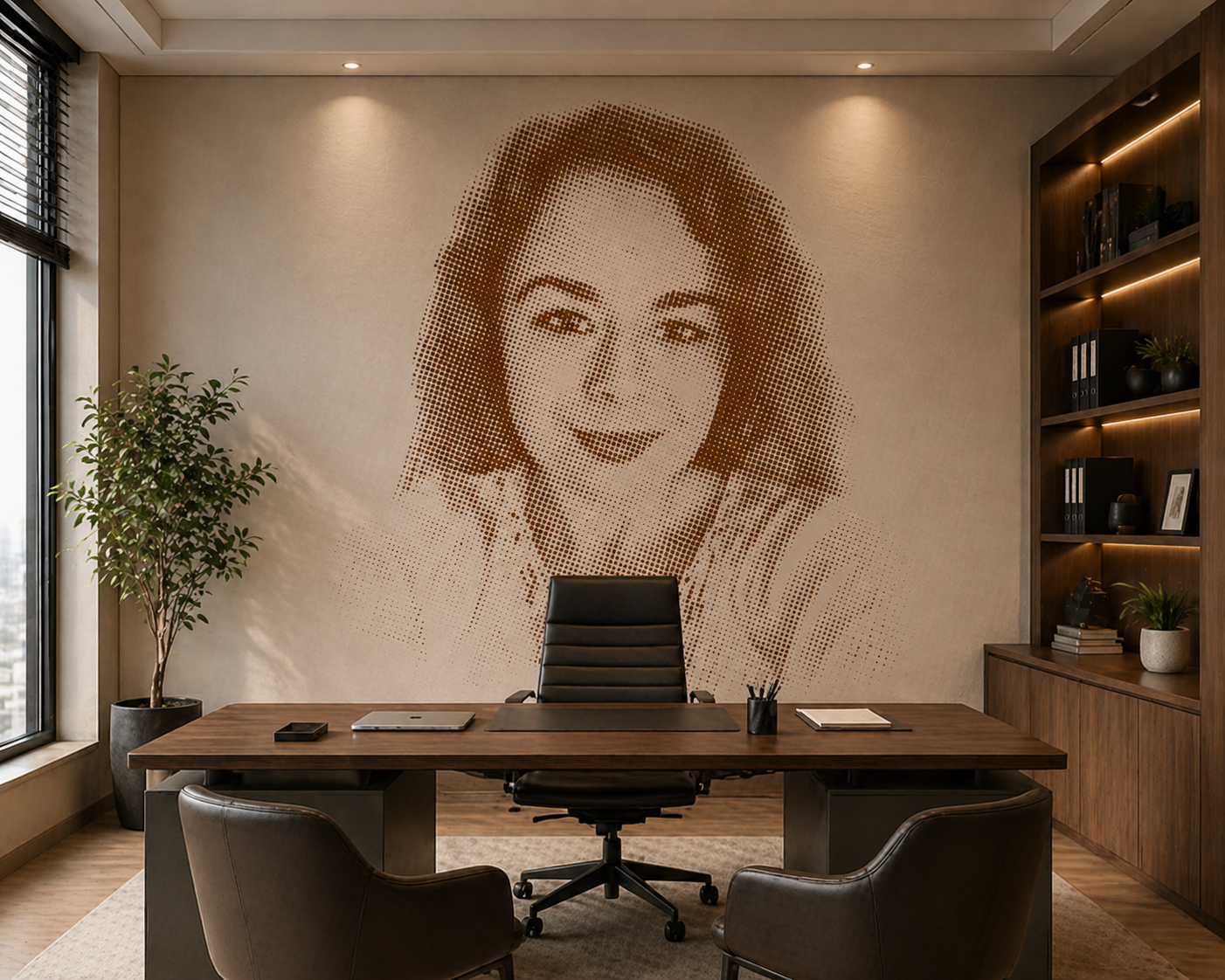 Large halftone portrait mural in modern office workspace